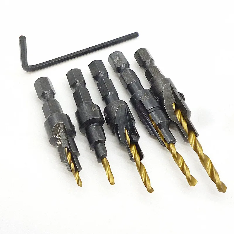 

5 pcs 1/4" Hex Shank Trim Screw Counter HSS Steel Countersink Drill Bits Quick Change Woodworking Power Tool 1567