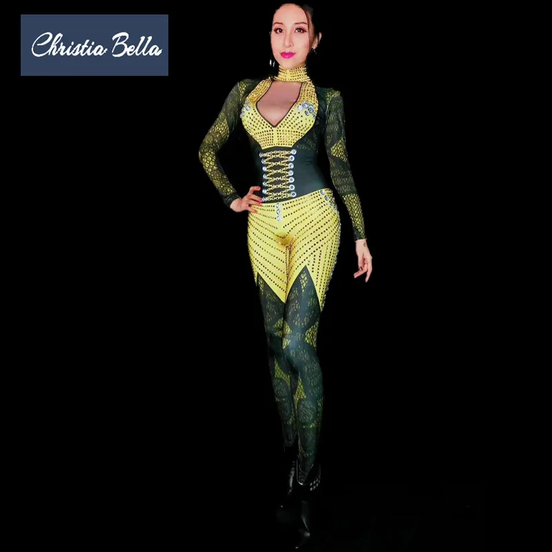 Christia Bella Luxury Gold Print Rhinestone Jumpsuit Women Sexy Stretch Elastic Rompers Nightclub Bodysuit Singer Stage Costume