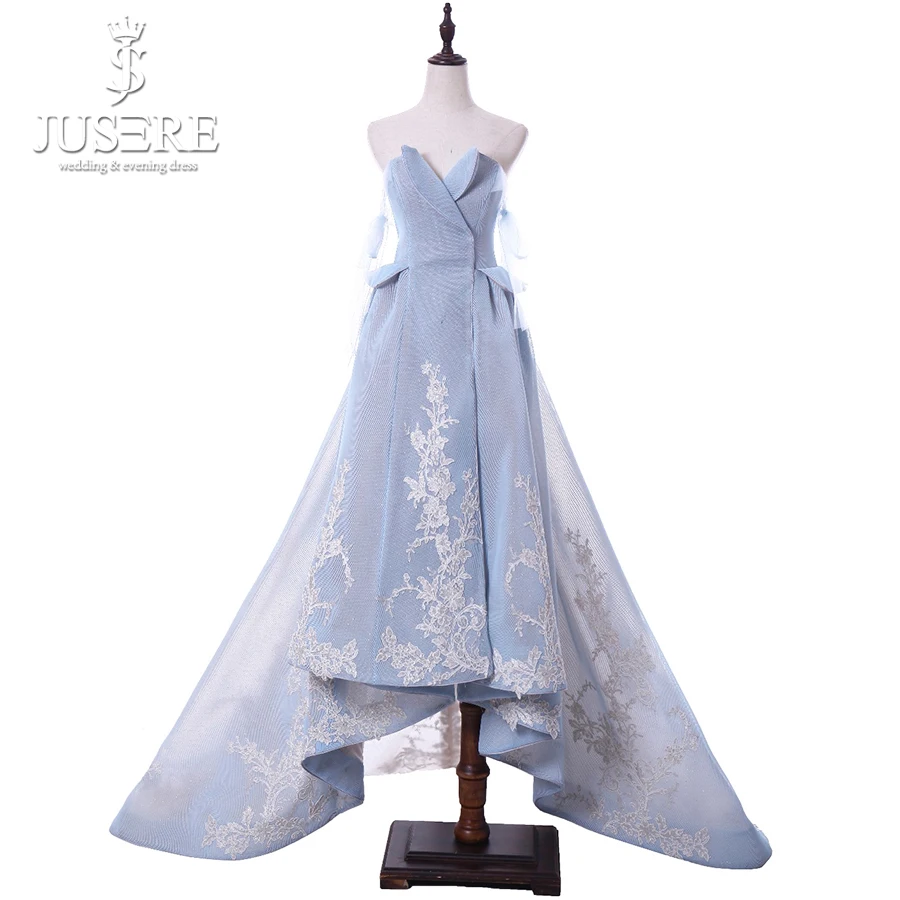 Jusere Design Light Blue High Low Prom Dress Off Shoulder Sleeveless Party Gowns Vestidos de fiesta Real Photos | Свадьбы и
