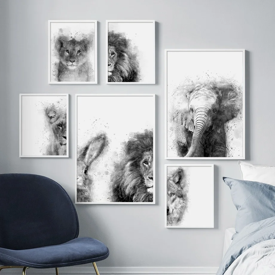 

Black White Elephant Lion Wolf Rabbit Wall Art Canvas Painting Nordic Posters And Prints Wall Pictures For Living Room Decor