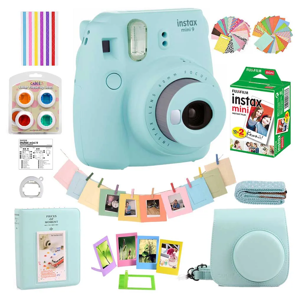 5 цветов Fujifilm Instax Mini 9 фотокамера моментальной печати+ 20 листов мини 8 белых фотопленок+ чехол+ альбом+ фильтры+ рамки - Цвет: Ice Blue Set