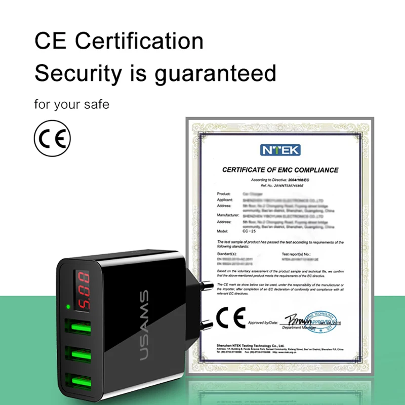 5 шт./лот USAMS 3 порта USB зарядное устройство для телефона светодиодный дисплей Макс