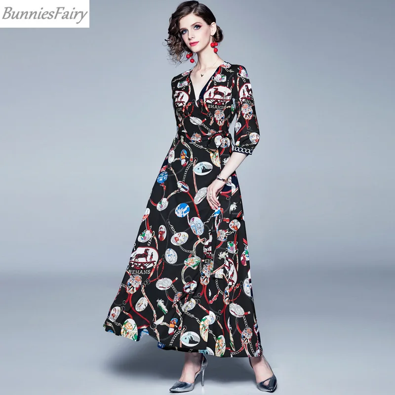 BunniesFairy 2019 осеннее Новое Женское винтажное ретро-платье с цепочками буквенным