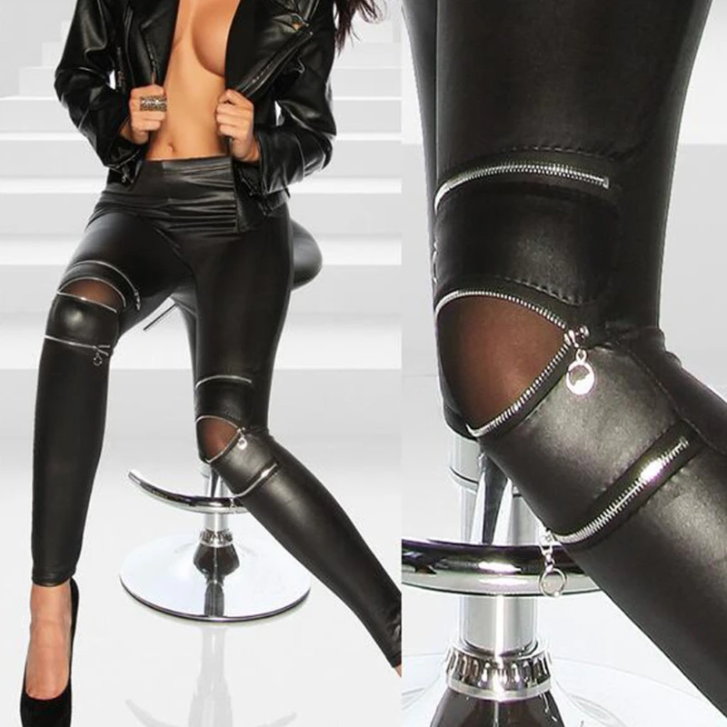 

Womens Faux Leather Stretch Skinny Pencil Pants Zipper Decoration Leggings