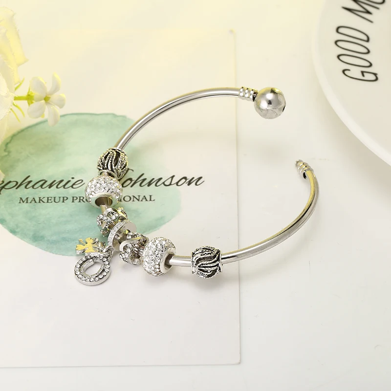 

HOMOD Silver Plated Hope Clover Pendant With White Crystal Ball Fits For Women Brand Charm Bracelet Valentine's Day Gift