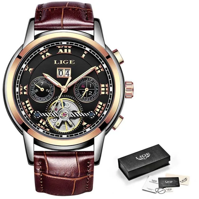 rose gold-L Relogio Masculino LIGE мужские s часы лучший бренд класса люкс Мужские автоматические механические часы модные деловые водонепроницаемые часы - Цвет: rose gold-L