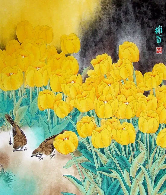 Китайская желтая тюльпана цветок пейзаж холст печать картина маслом на холсте