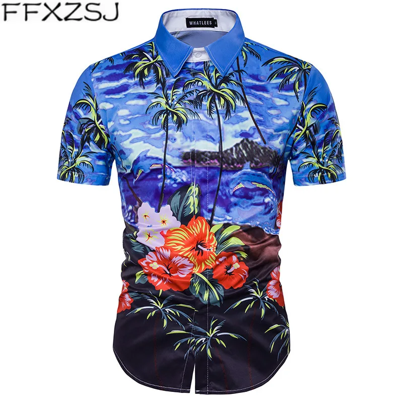 

Summer Fashion Mens Slim Fit Hawaiian Shirt 2019 Casual Palm Tree Floral Printed Short Sleeve Button Down Beach Shirt Men Camisa