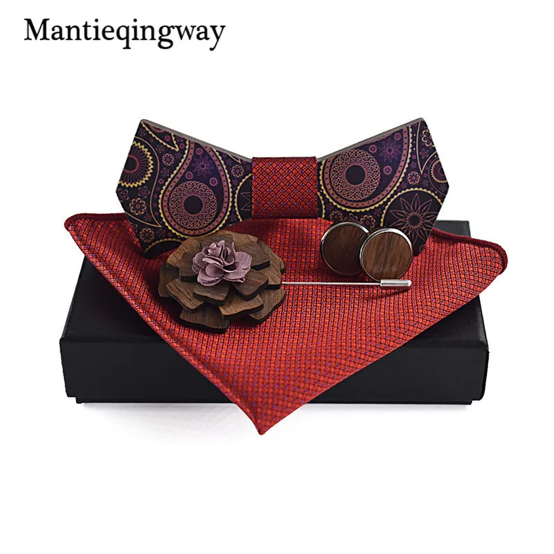 Mantieqingway деревянная бабочка+ носовой платок+ брошь+ Запонки Наборы для мужского костюма деревянный галстук-бабочка галстук банты свадебные галстуки
