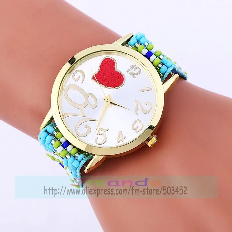100pcs/lot 918097 women bead rope bracelet watches new ladies casual dress weave love big number watch heart style beaded clock | Наручные