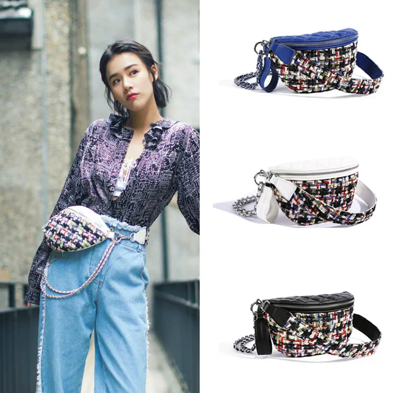 Твид цепи сумка женские трикотажные полотна сумки люксовый бренд карман на поясе
