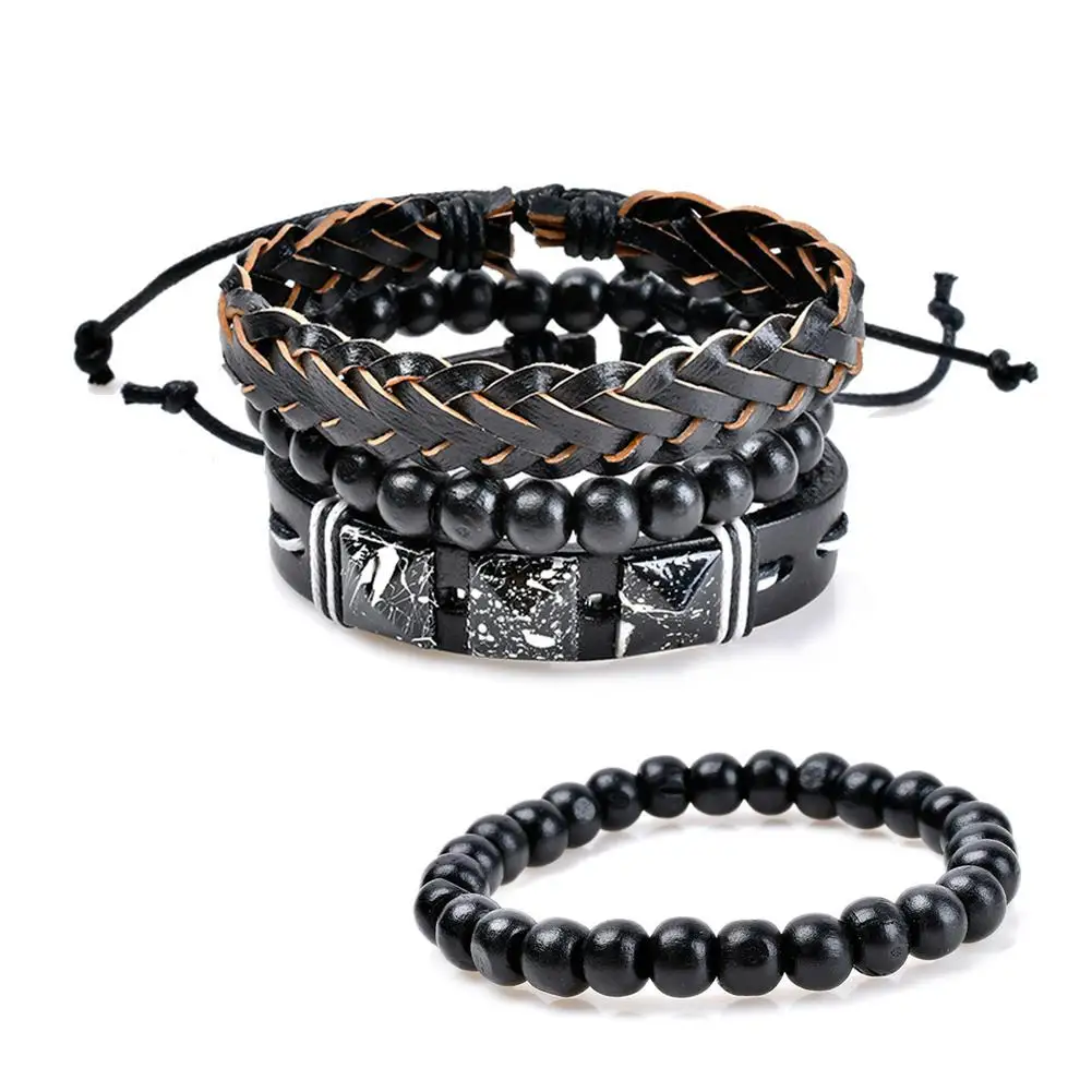 3 Pcs/set Wrap Leather Design Multi Layer Braided Bracelets Bangle Jewelry Women Men Bracelet Black Chains | Украшения и
