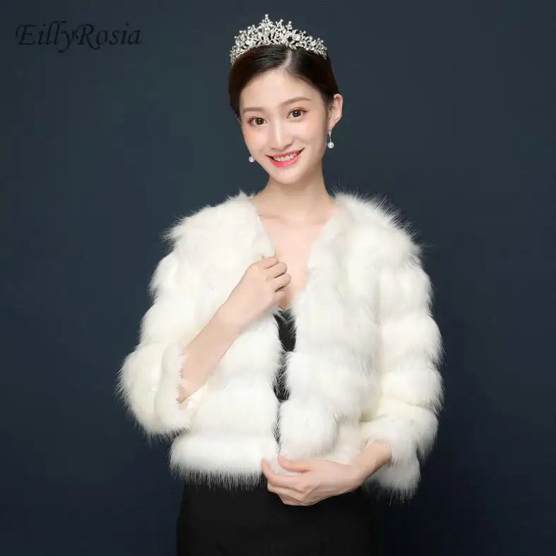 3/4 Long Sleeve Faux Fur Bolero Evening Wedding Women Wraps White Fur Shrugs Jacket Fashion Bridal Bridesmaids Cover Up Elegant