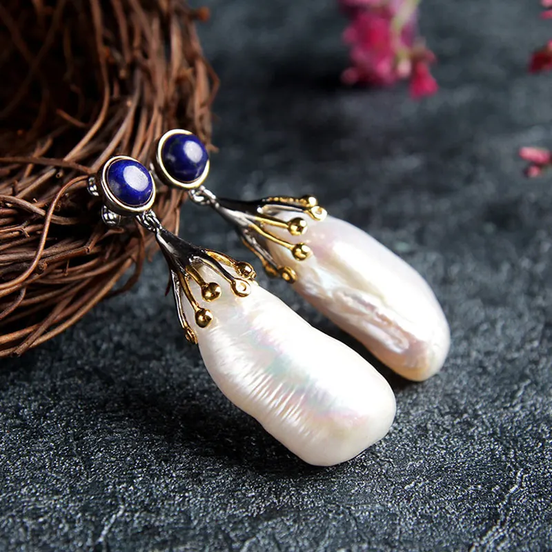 RADHORS Earring Genuine 925 Sterling Silver inlay 100% Natural Baroque pearl lapis earring Female luxurious Jewelry | Украшения и