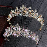 diezi fashion bride hair jewelry baroque handmade beaded luxury pink crystal tiara sweet princess crown wedding hair accessories
