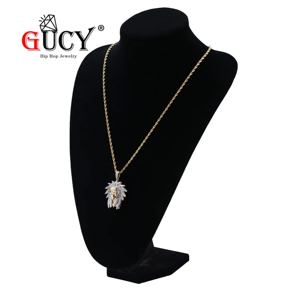 GUCY Bling Hip Hop Indian Chief Pendant Necklace Iced Out Cubic Zircon With 4MM Tennis Chain Gold Color CZ Gift For Men | Украшения и