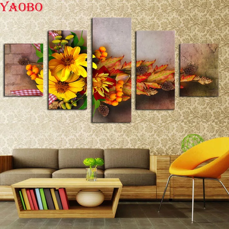 

2019 New Arrival 5D DIY Diamond Painting 5 Piece Sunflower Full Square Round Mosaic Diamond Embroidery Flowers 3d Cross Stitch