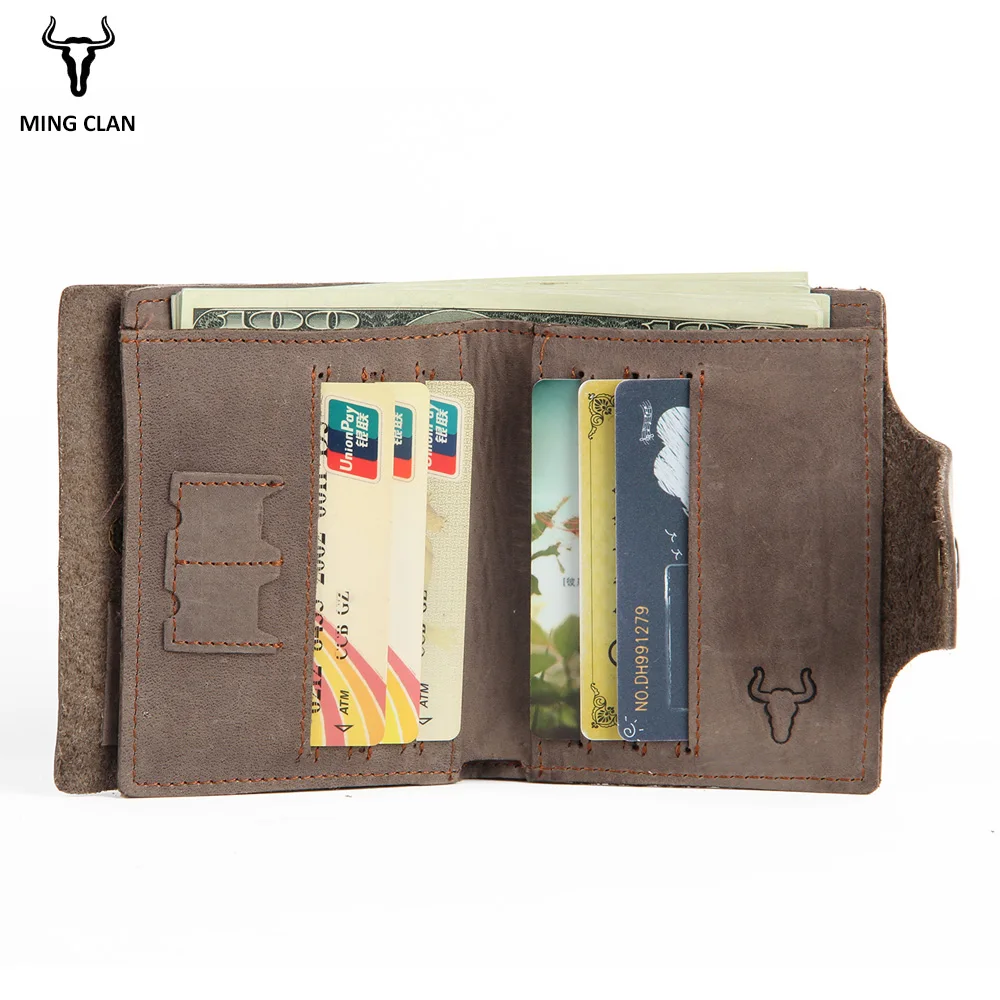Mingclan Crazy Horse Genuine Leather Wallet Men SIM Phone SD Card Holder Male Wallet Vintage Travel Purses Clutch Handbag RFid