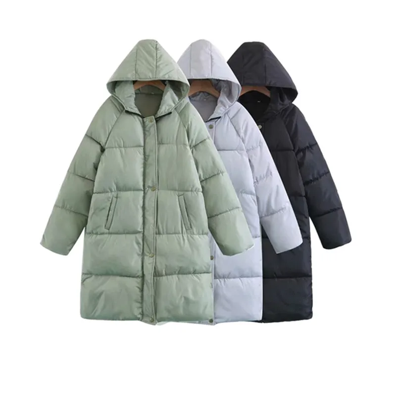 Зимнее пальто женское корейская мода однобортное с капюшоном длинное хлопковое