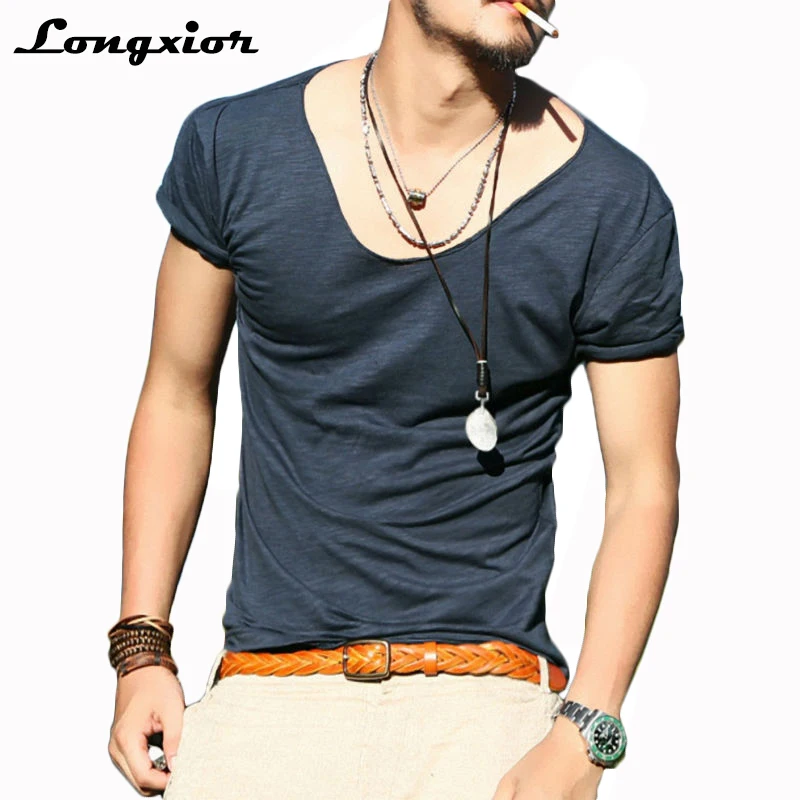 Новый бренд Slim Fit T-Shirt Мужская Милая футболка с вырезом хлопок дышащие мужские