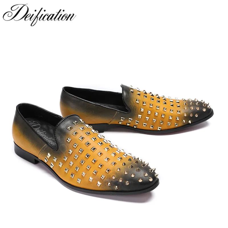 

Deification Runway Moccasins Rivets Studded Mens Loafers Slip-On Casual Dress Male Flats Genuine Leather Italian Style Men Shoes