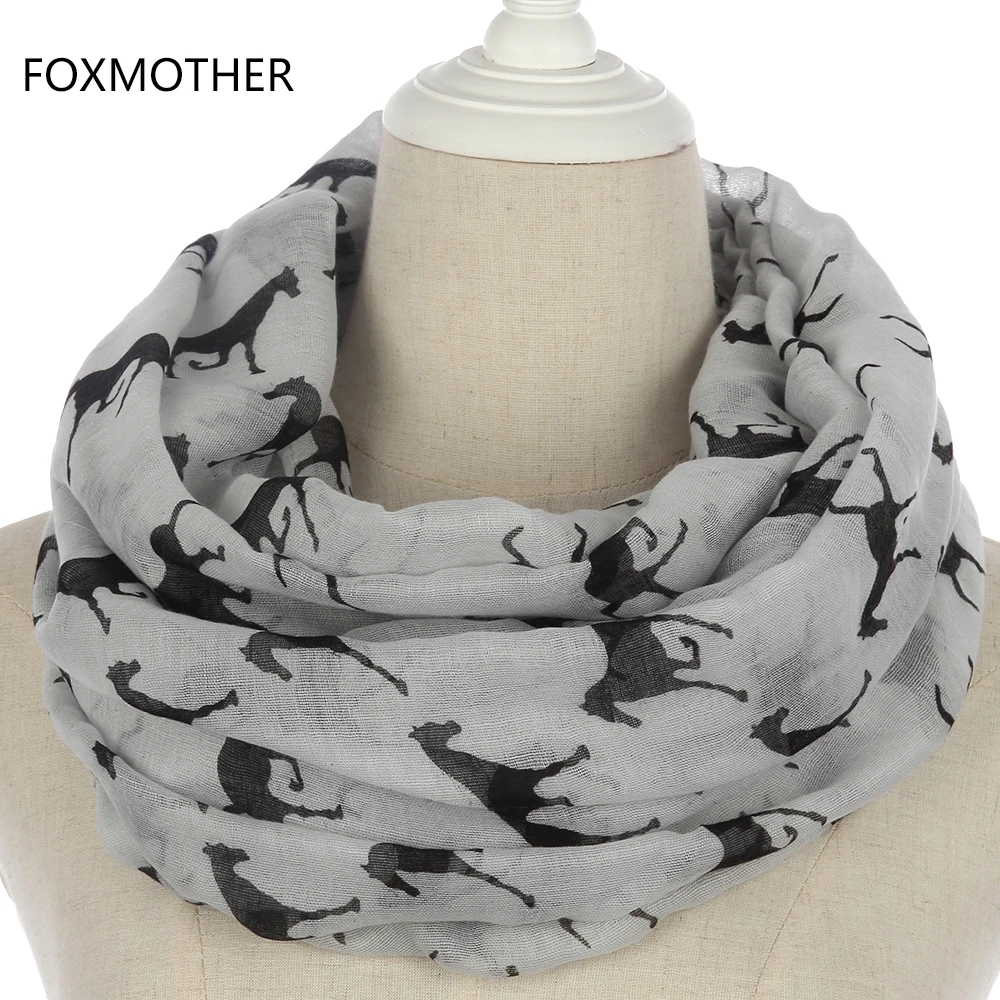Женская шаль с лошадьми FOXMOTHER черная серая темно синяя лошадьми|infinity scarf|horse infinity
