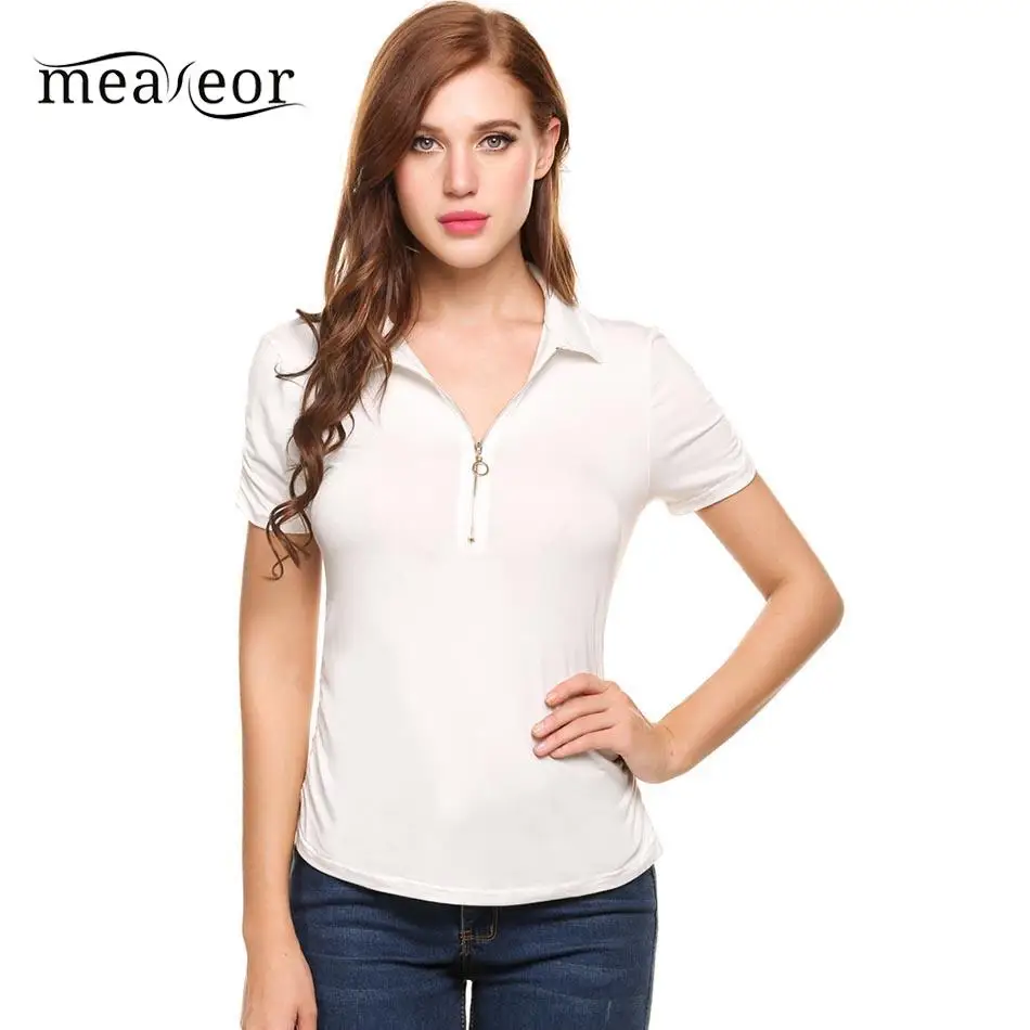 None Casual Women Short Sleeve Zipper Collar Side Pleated Solid Slim Pullover T-Shirt | Женская одежда