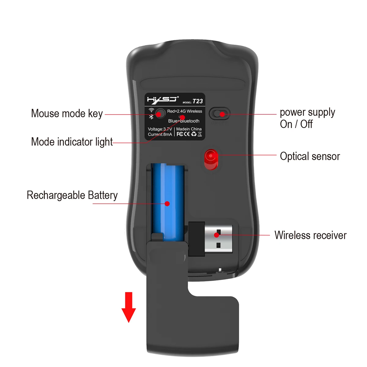 HXSJ T32 Двухрежимная Bluetooth мышь, беспроводная мышь, 1600DP1, USB перезаряжаемая оптическая мышь, Офисная Тихая мышь для компьютера, ноутбука