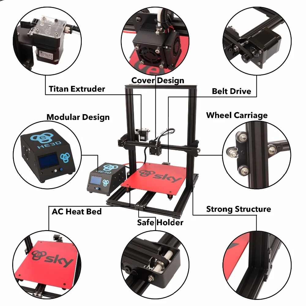 

HE3D Preassembled sky 3d printer with titan extruder AC heat bed full aluminum large buid size 300*300*400mm dual heads as gift