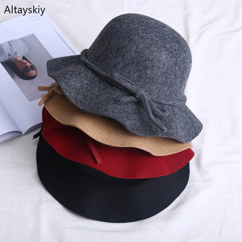 Панама женская универсальная простая осенне-зимняя 2020 шапки с бантом однотонная