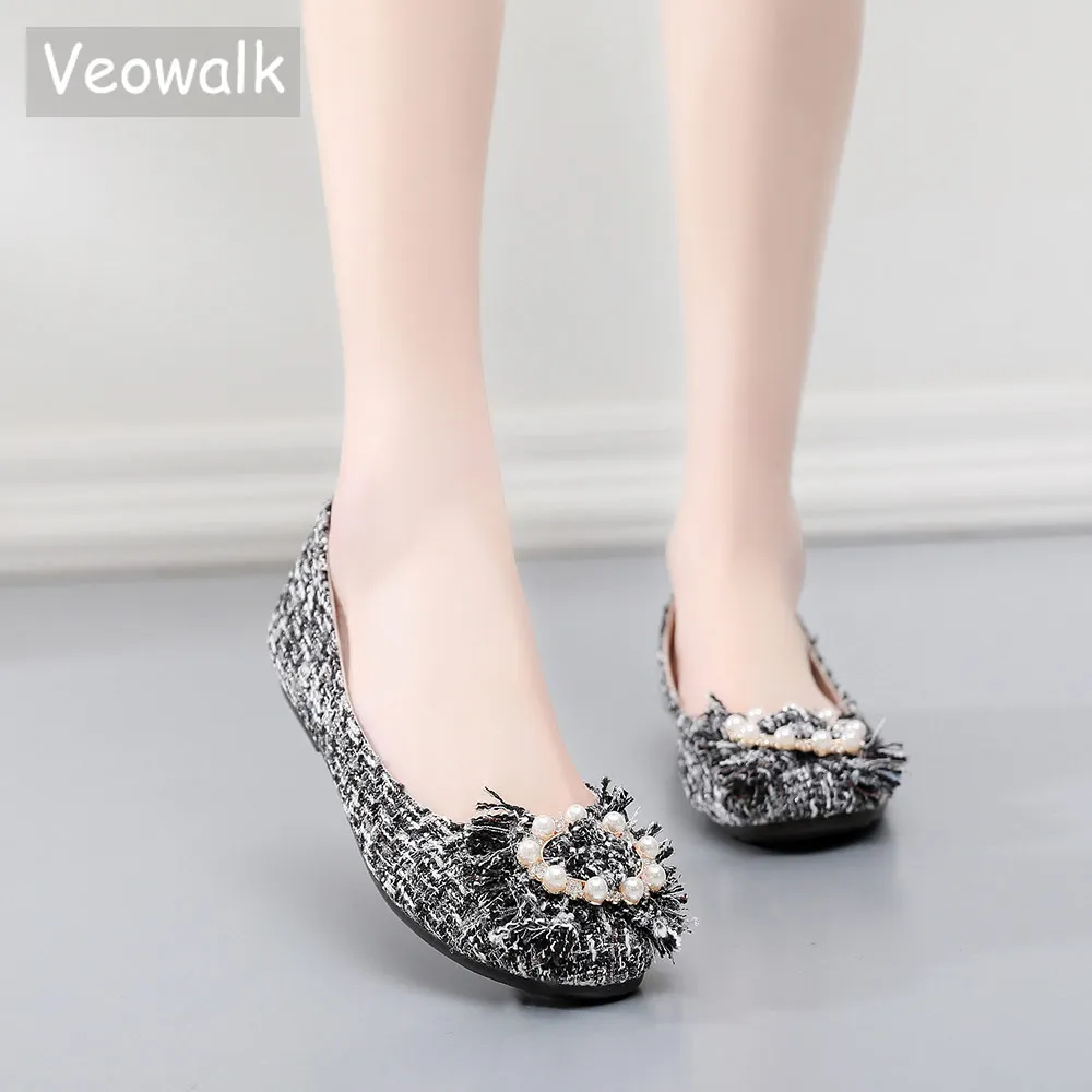 Женские хлопковые балетки Veowalk с жемчужной аппликацией мягкая складная подошва