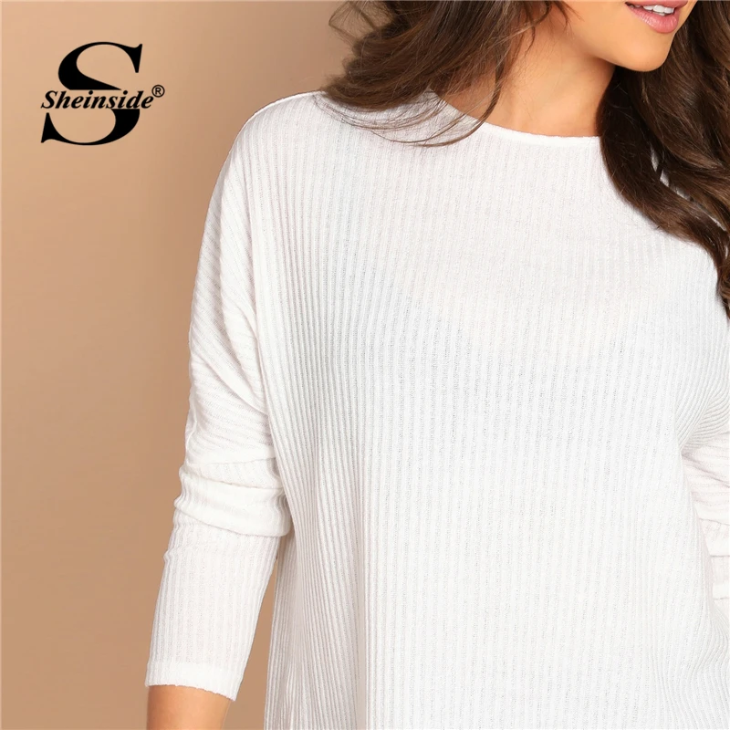 Sheinside, белые футболки, женские, одноцветные, ребристая вязка, футболка для офиса, женские Топы И Футболки, Женский Топ с длинным рукавом,, осенняя женская футболка