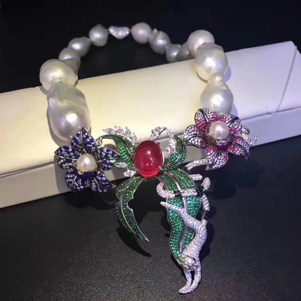 ?? ファインジュエリー天然ビッグパールチョーカーネックレス925スターリングシルバーの花や動物ネックレス16インチ受け入れる注文任意レンス