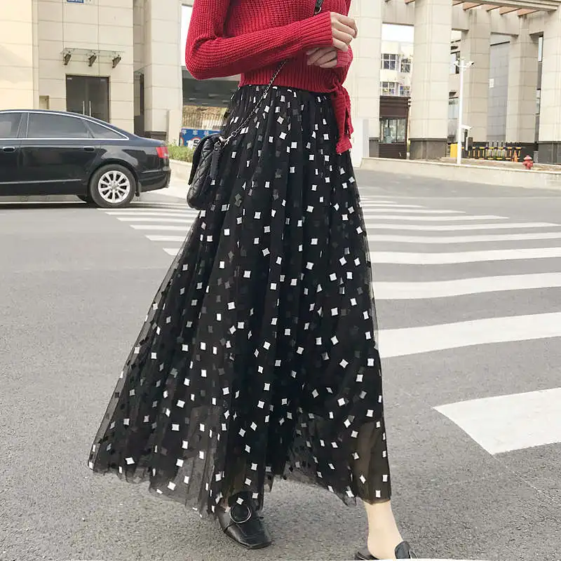 Весна лето женская юбка из тюля Jupe Femme сетка Boho длинная Плиссированная Юбка черно