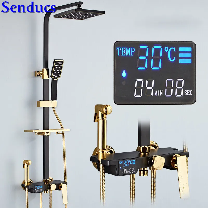 

Senducs Digital Shower Set Newly Design Square Rain Top Shower Series Quality Brass Bath Shower Faucet Black Gold Shower Set