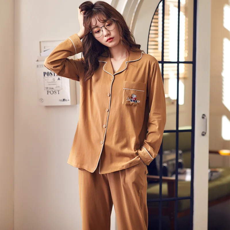 

2019 Spring Women Pajama Sets Long Sleeve Pajamas Pure Cotton Household Clothes Korean Single Breasted Cardigan Two-piece Suit