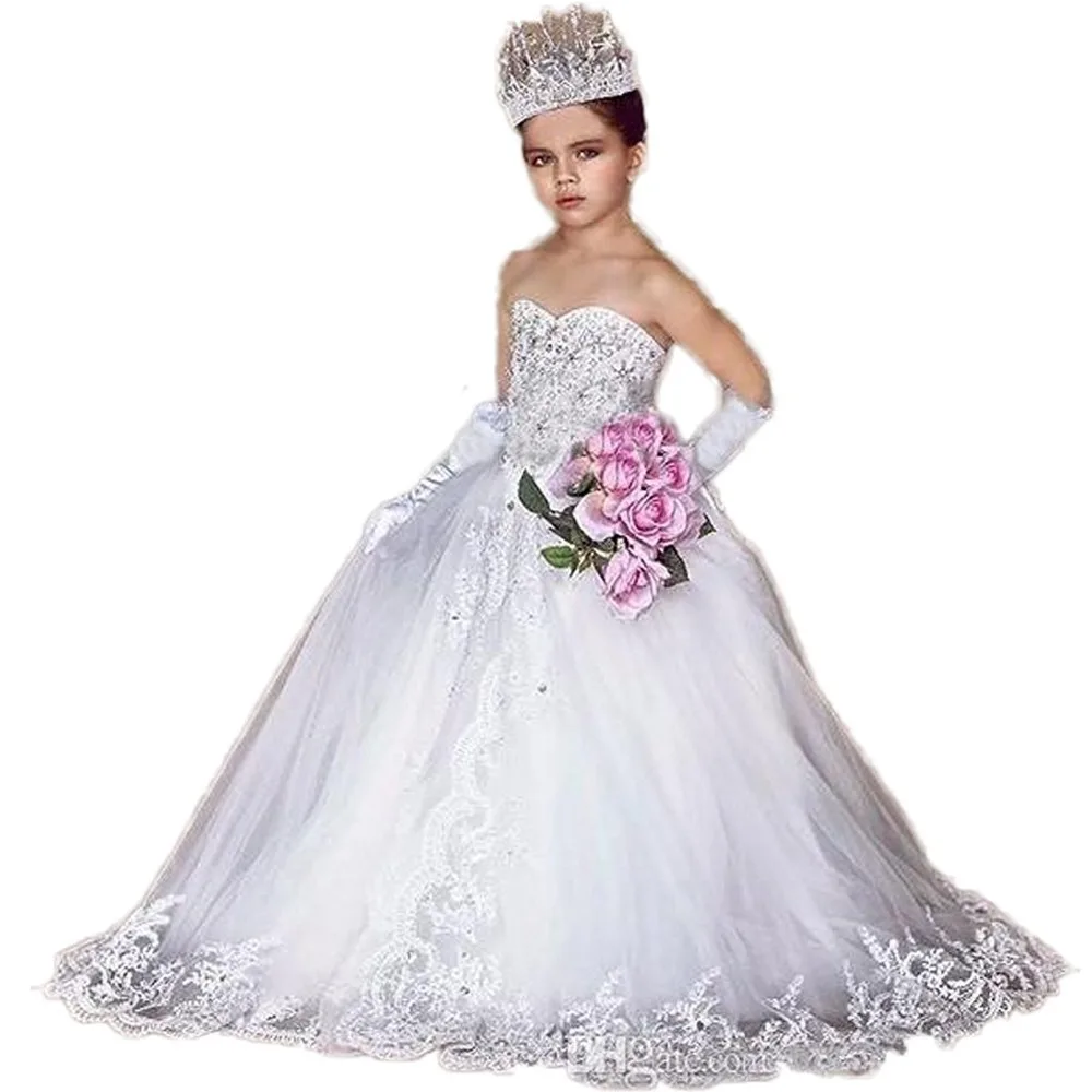 

2019 Flower Girl Dresses Appliques Tulle Beading Ball Gown Handmade Bow Floor Length Long Train For Girls Wedding