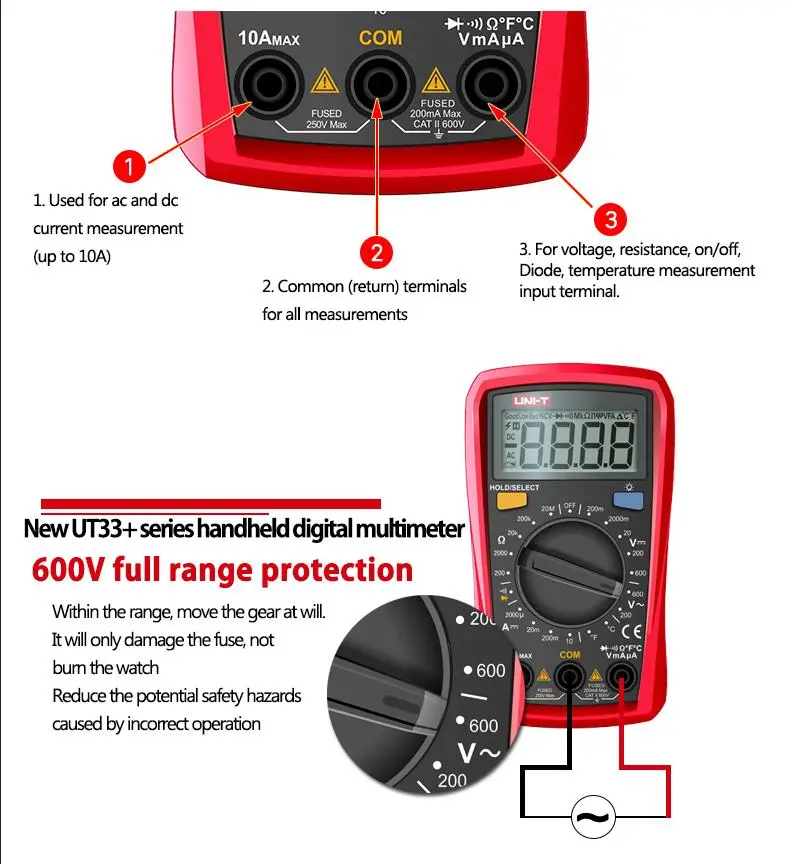 UNI-T UT33A+/UT33B+/UT33C+/UT33D+ Цифровые мультиметры, профессиональный электрический ручной амперметр, мультитестер с подсветкой