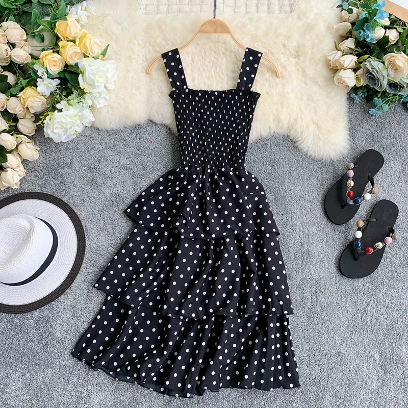 ALPHALMODA/Новинка платье принцессы с оборками в горошек летнее на бретелях Новинка