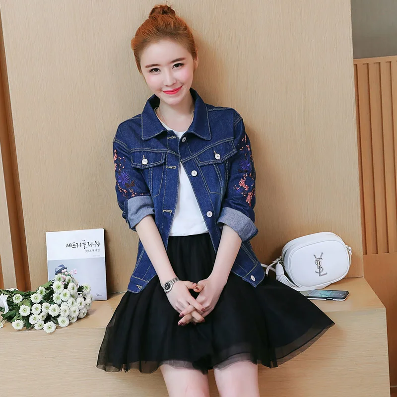 Женская Базовая ВИНТАЖНАЯ ДЖИНСОВАЯ КУРТКА с вышивкой весна 2018 уличная одежда