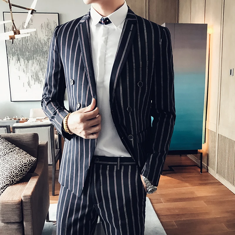 2017 мужские костюмы в полоску костюм двойка двубортные Ternos Slim Fit Smoking Masculino для