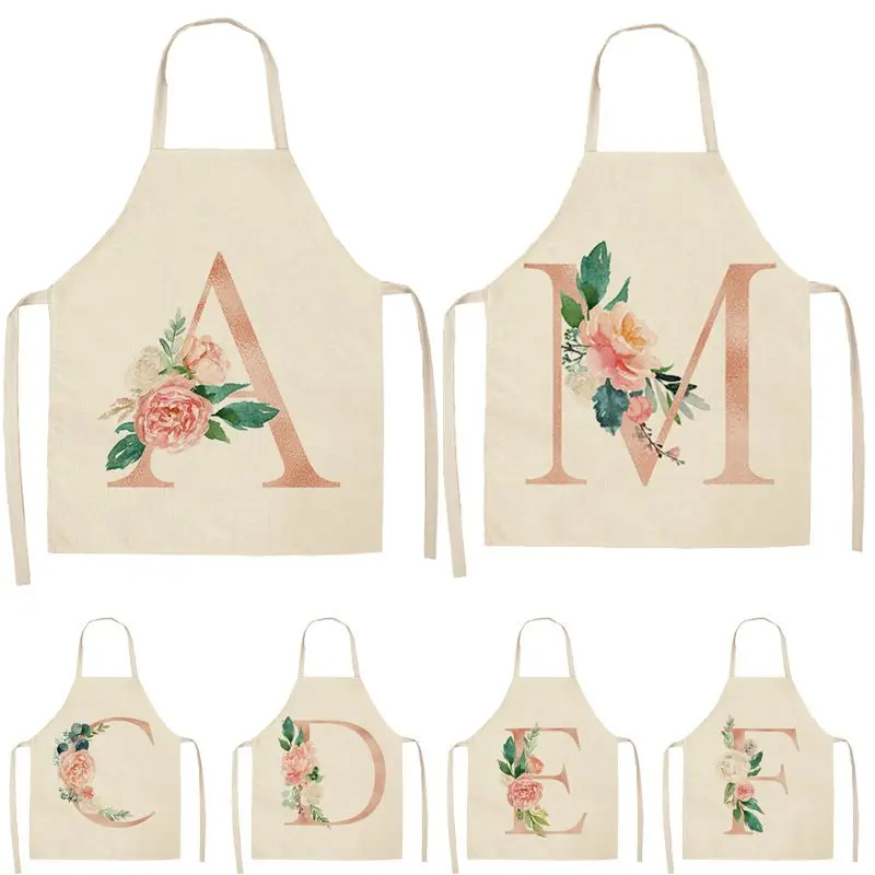 

Pink Letter Flower Alphabet Print Kitchen Aprons Cotton Linen Bibs Household Cleaning Pinafore Home Cooking Apron 53*65cm Q0005
