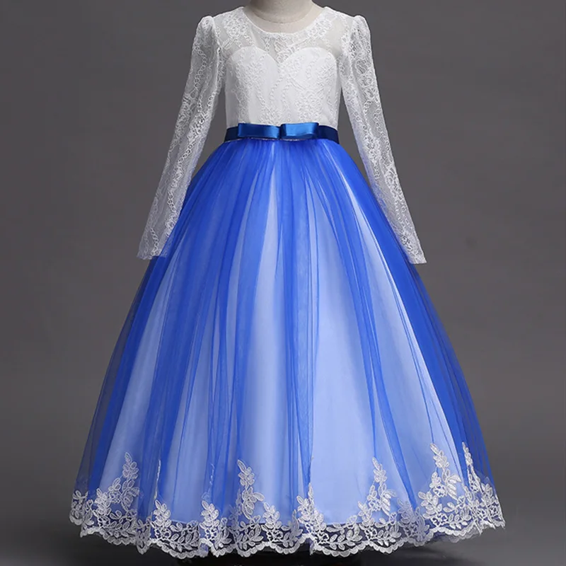 royal blue Свадебное платье с длинными рукавами и цветочным кружевом и бантом для девочек; детское Пышное вечернее платье принцессы для сцены и дня рождения; WG1572 - Цвет: royal blue