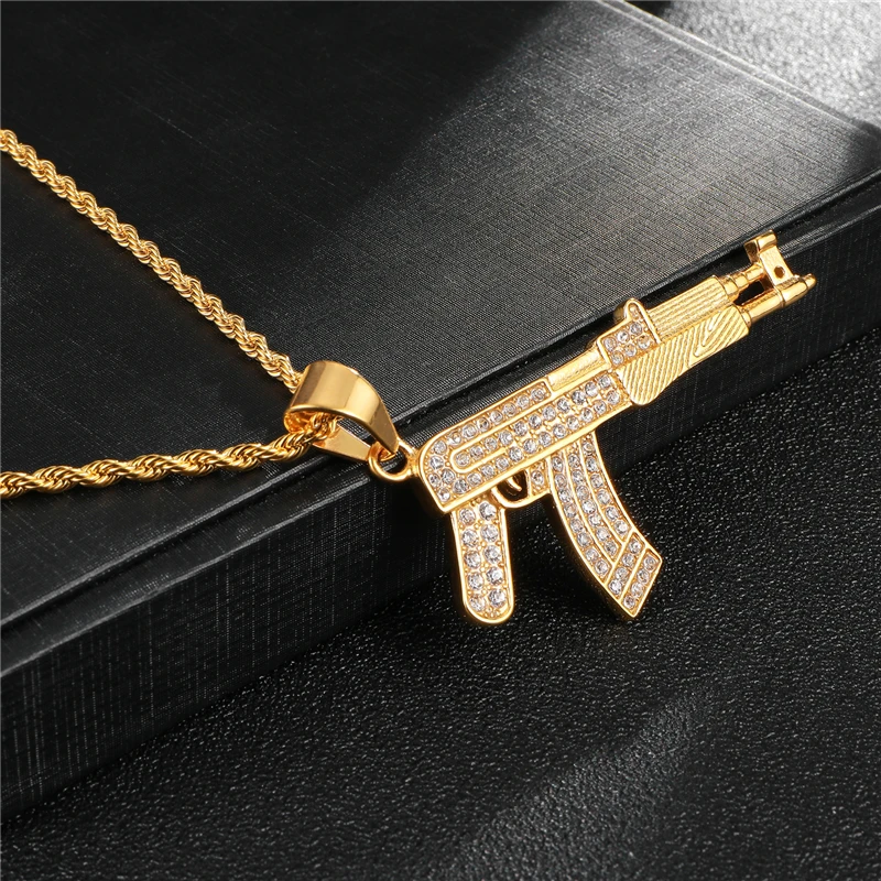 Хип-хоп Iced Out Full Стразы AK47 колье с кулонами в виде пистолетов и подвесок блестящее Золотое ожерелье из нержавеющей стали для мужчин ювелирные изделия