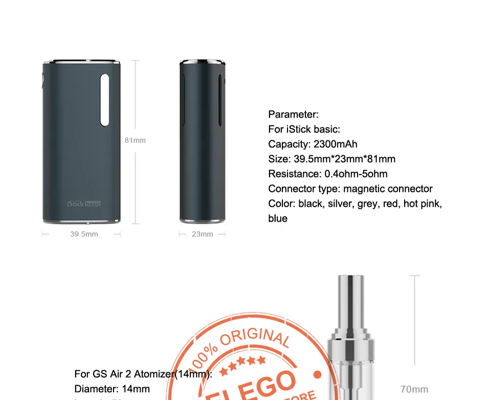 Вейпинг Вейп Электронная сигарета комплект Eleaf Basic iStick Basic 2300mah батарея с 2.0мл атомайзером GS AIR 2 Набор электронных сигарет Eleaf