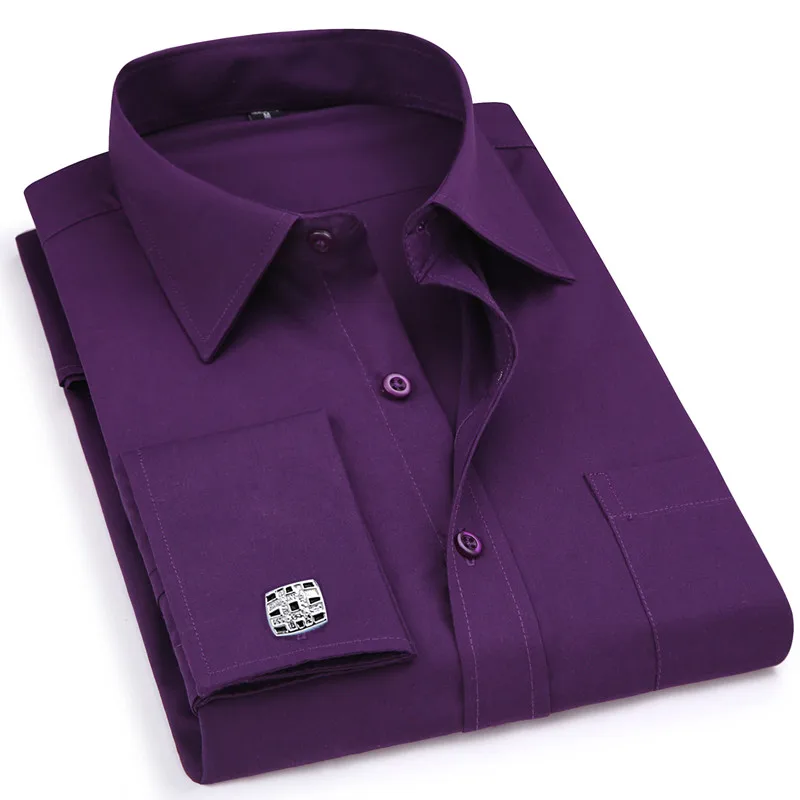 Classic Black French Cufflinks Men's Business Dress Long Sleeve Shirt Lapel Men Social Shirt 4XL 5XL 6XL Regular Fit