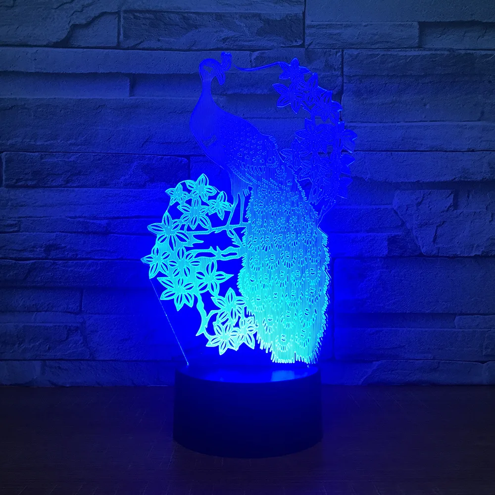 7 цветов меняющий Павлин 3D Светодиодные ночные светильники USB настольная лампа