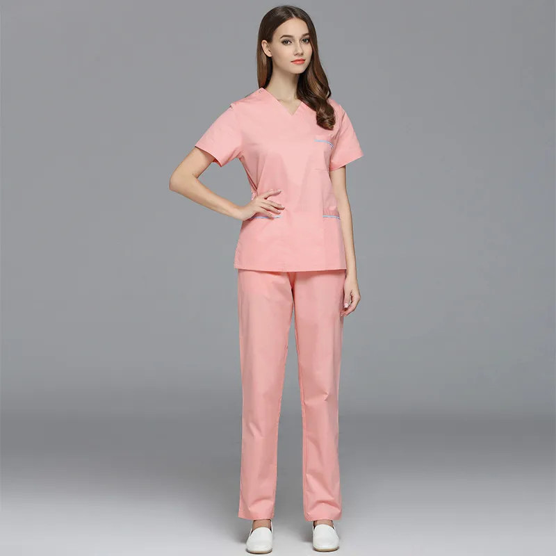 Медицинская форма V-Neck больничные наборы скрабов Cinic Doctor's одежда дышащий Женский медицинский костюм для лаборатории пальто медицинская куртка+ брюки - Цвет: Розовый