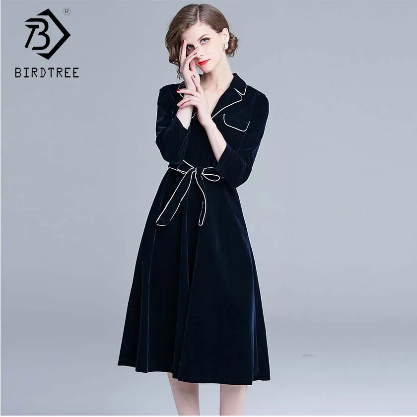 Dark Blue Весеннее женское лоскутное бархатное платье с поясом и бантом, с фигурными накладными карманами, с длинным рукавом, элегантное платье с высокой талией для офисных леди D91332I - Цвет: Dark Blue