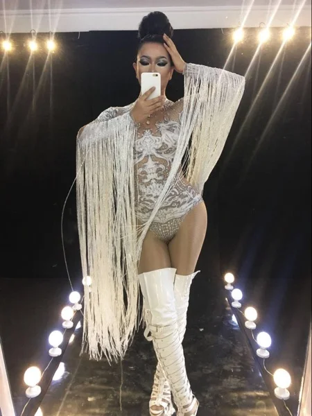 Female White long Tassels Bodysuit sexy Bright Crystals Leotard Catsuits singer dancer nightclub Stage costumes Bar Party show